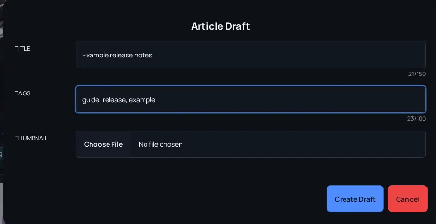 Arc en Ciel article draft dialog with title, tags, thumbnail, and create draft action.