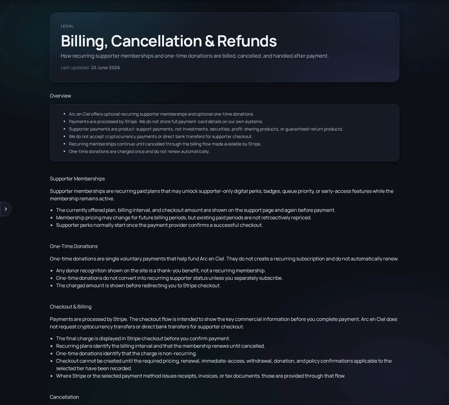 Arc en Ciel billing policy page with recurring support and refund guidance.