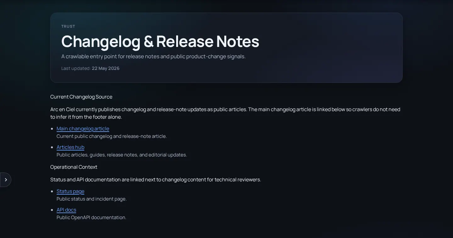 Arc en Ciel changelog and release notes page.