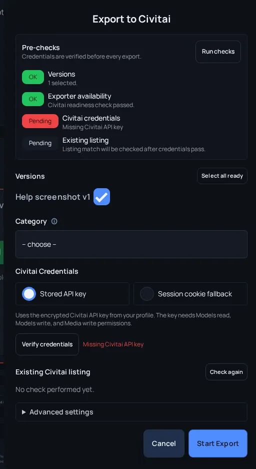 Arc en Ciel Civitai exporter dialog with pre-checks, versions, category, credentials, and publish options.