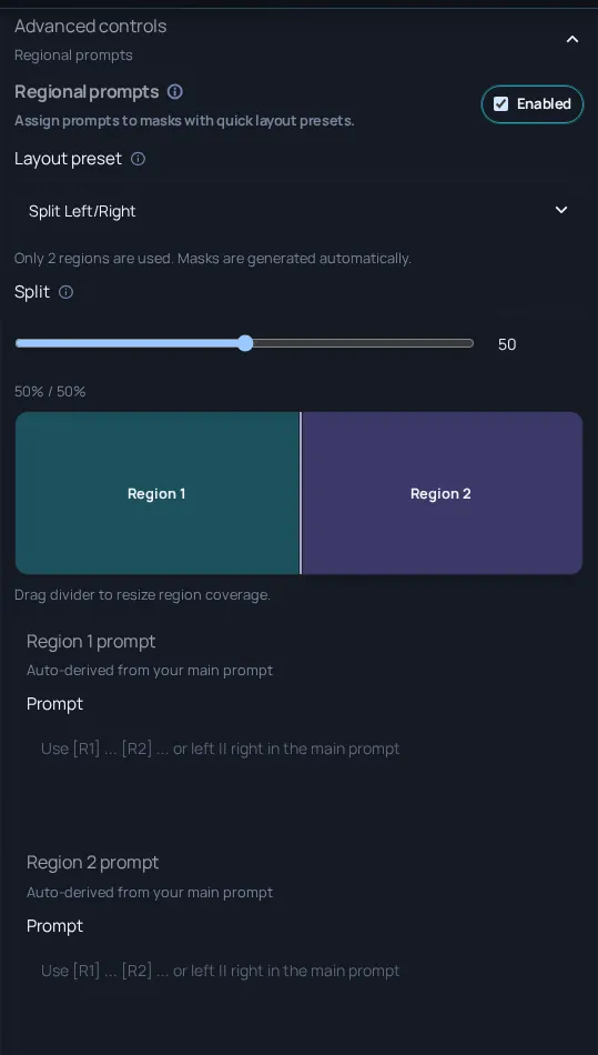 Arc en Ciel generator advanced controls with regional prompt split layout.