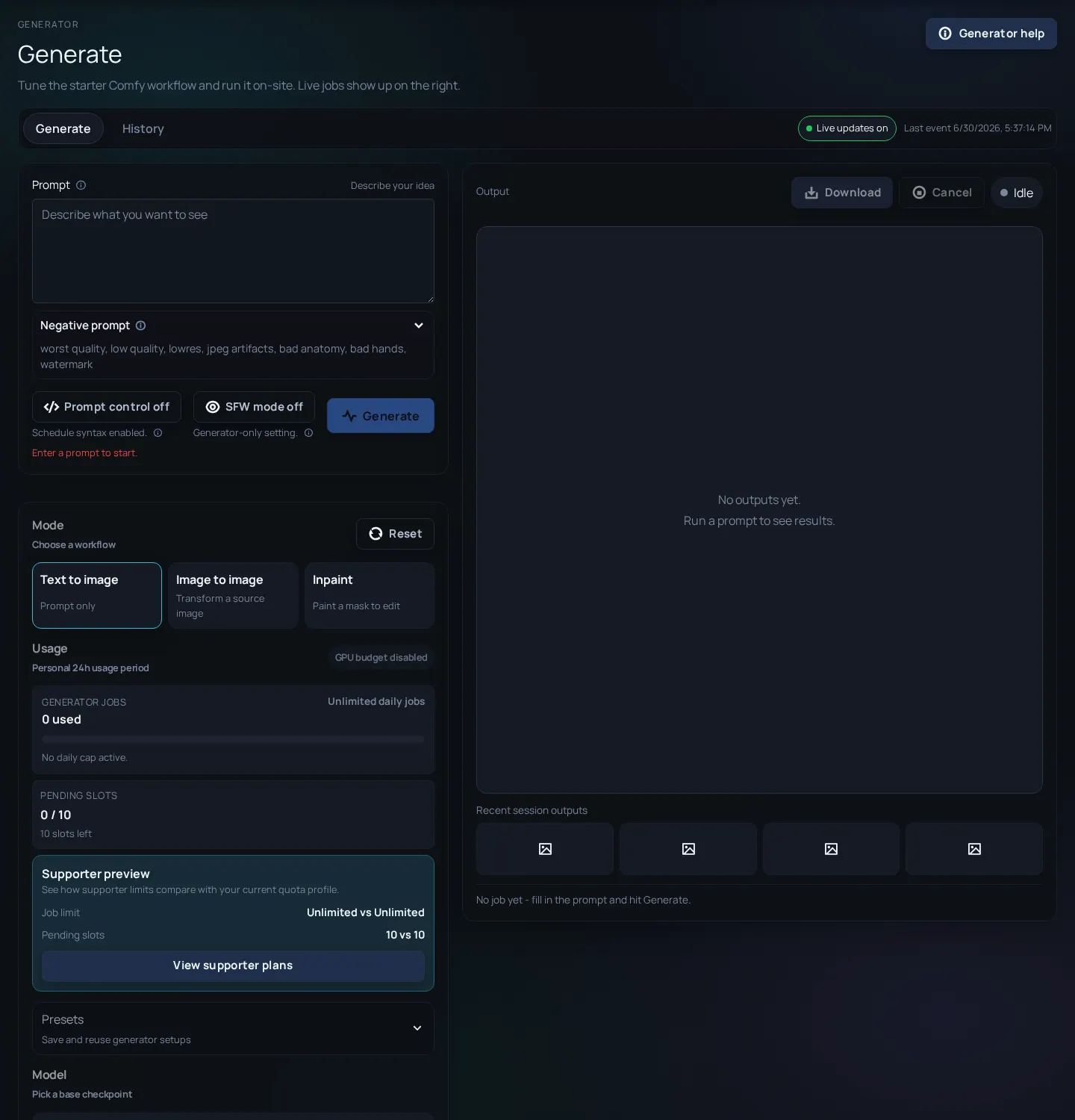 Arc en Ciel generator workspace with prompt and output panels.