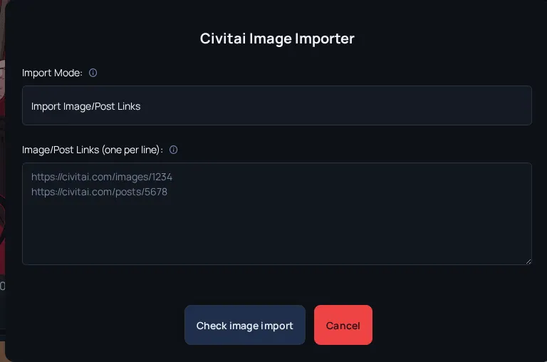 Arc en Ciel Civitai image importer dialog with image/post import modes.