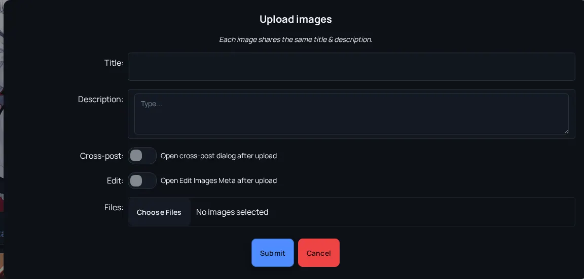 Arc en Ciel image upload dialog with title, description, crosspost, edit metadata, and file selection controls.