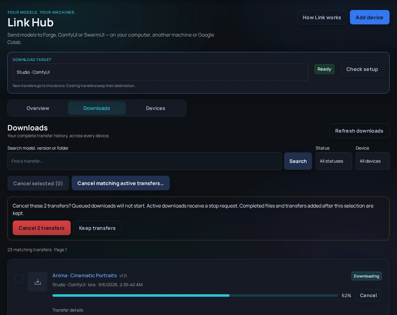 Arc en Ciel Link Hub Downloads section with bulk cancellation confirmation.
