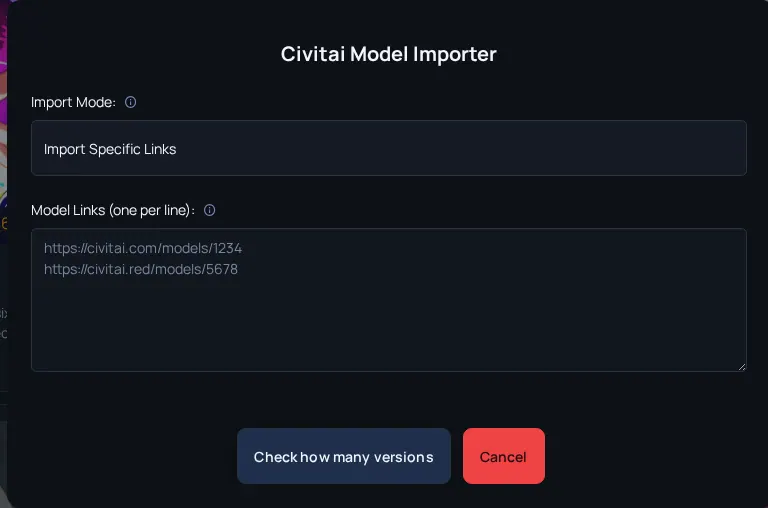 Arc en Ciel Civitai model importer dialog with import mode and link fields.