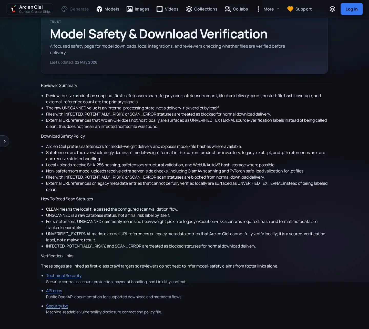 Arc en Ciel model safety and download verification page.