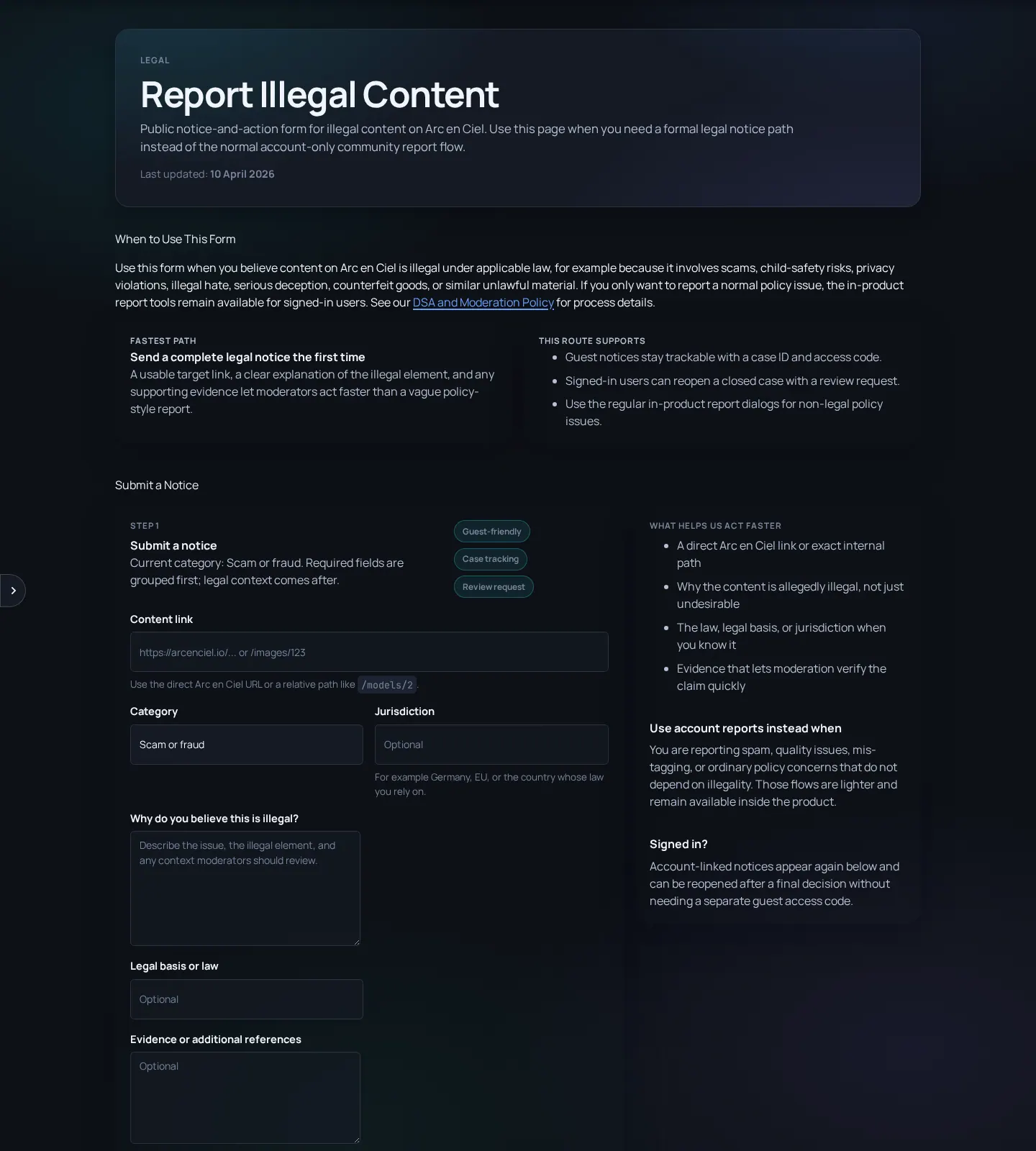 Arc en Ciel illegal content report page.