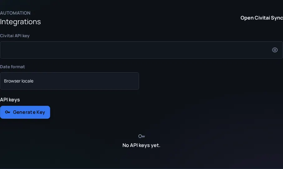 Arc en Ciel settings integrations area with Civitai and API key controls.
